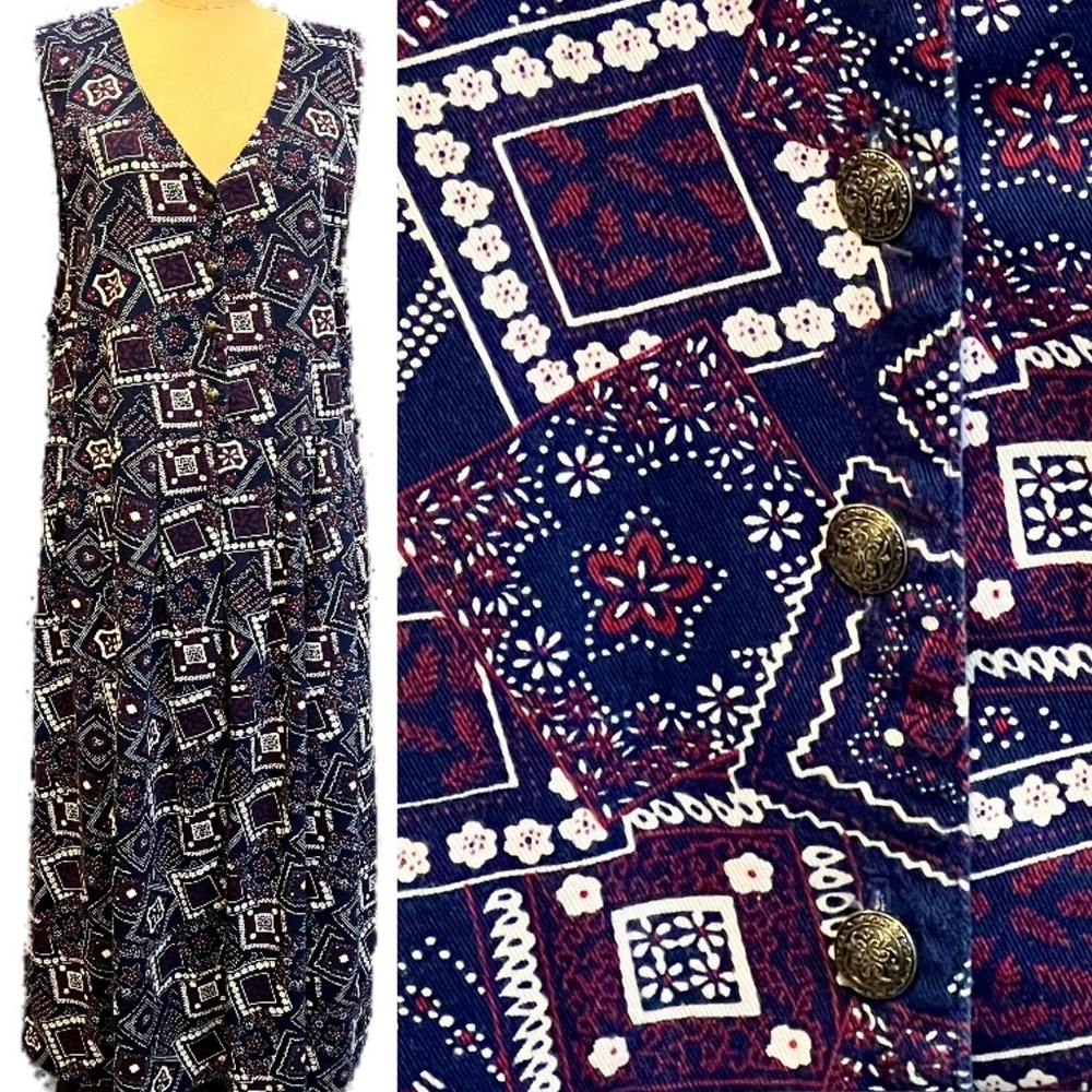VINTAGE 90s bandana handkerchief jumper pinafore‎ dress maxi cotton Americana